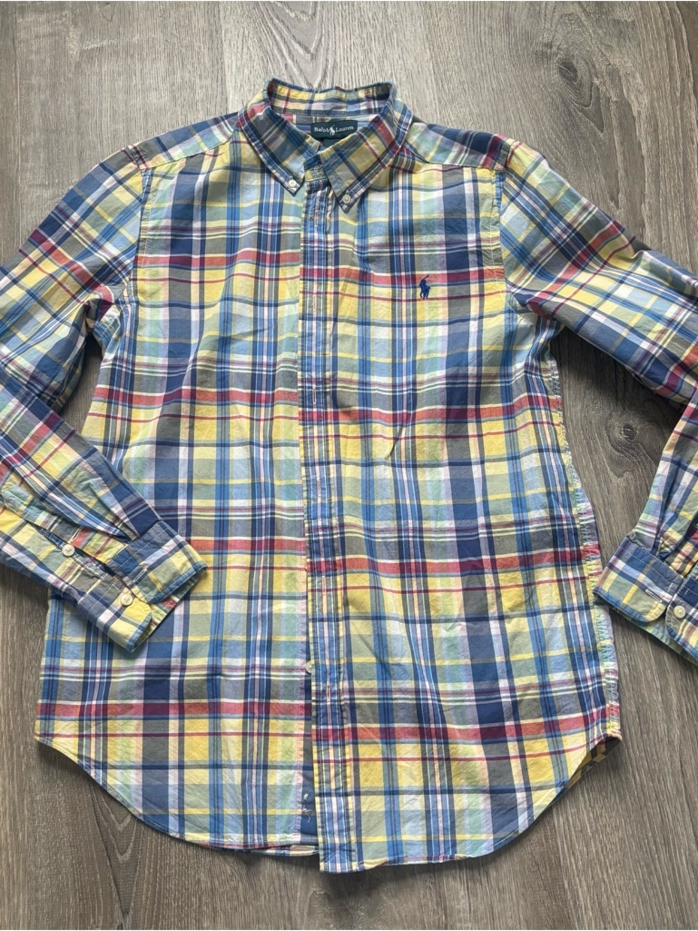 Ralph Lauren Boys Yellow/Blue Plaid Button-Down Shirt size XL (18/20)